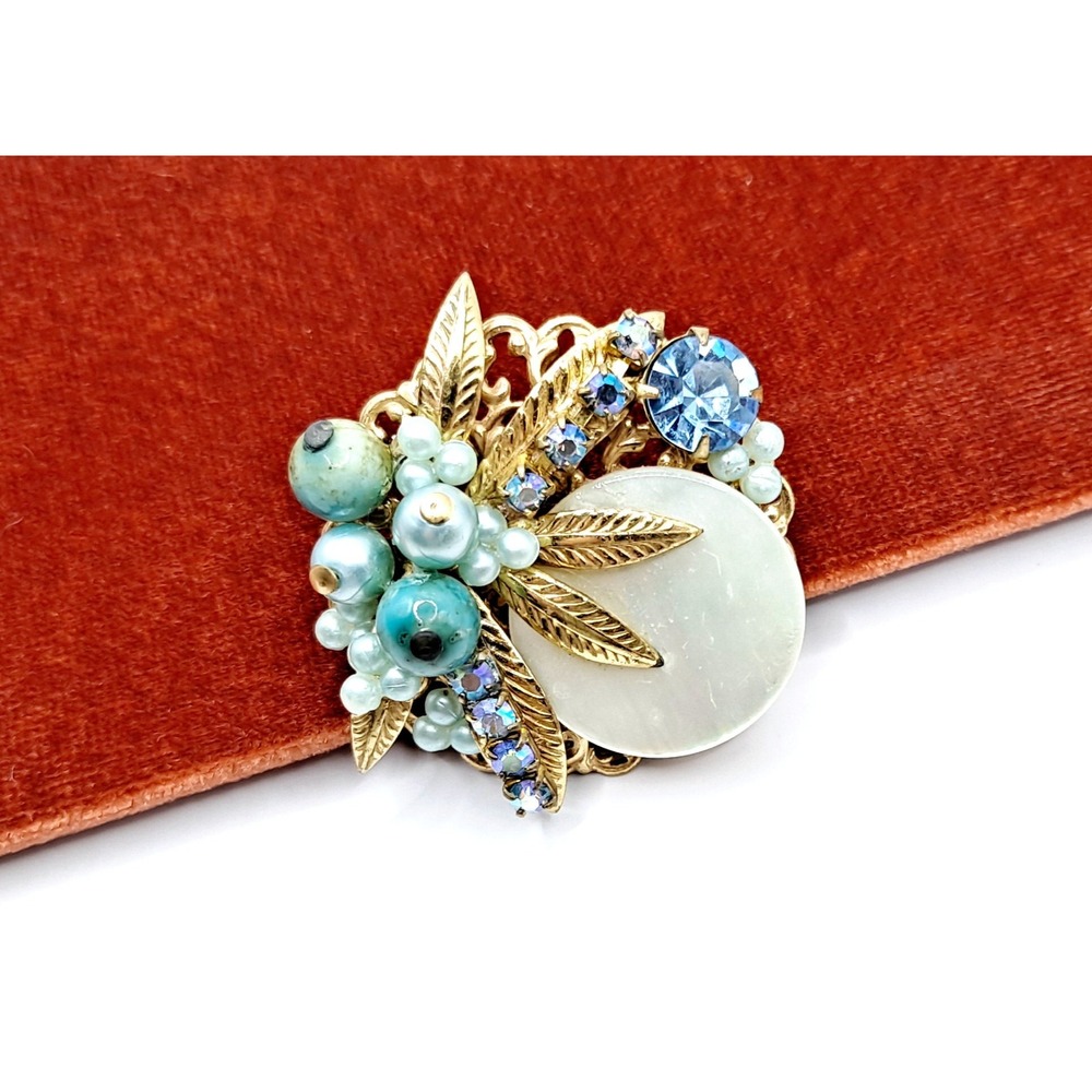 Vintage Blue Rhinestone Brooch Beads Mother of Pearl Disc Layered Leaf Cluster - Picture 3 of 11